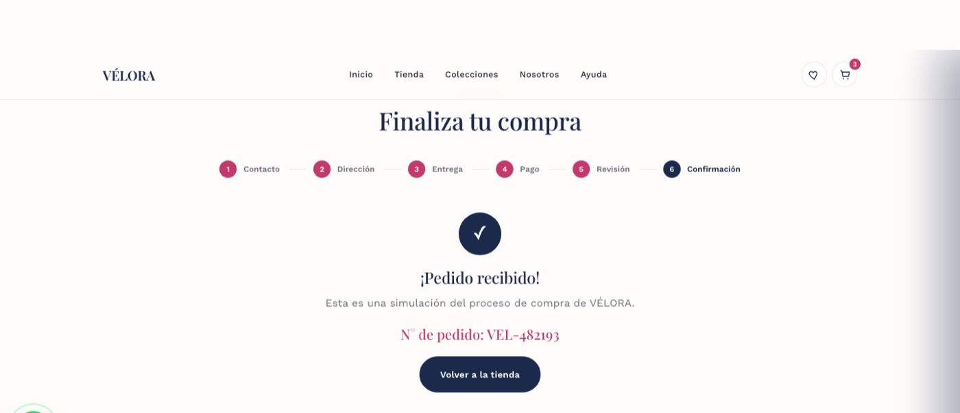 Paso Confirmación del checkout de Vélora
