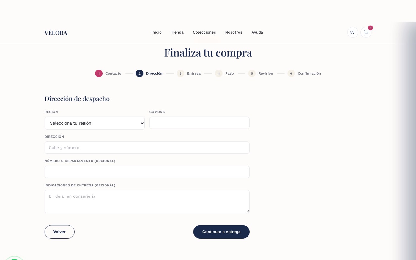Paso Dirección del checkout de Vélora