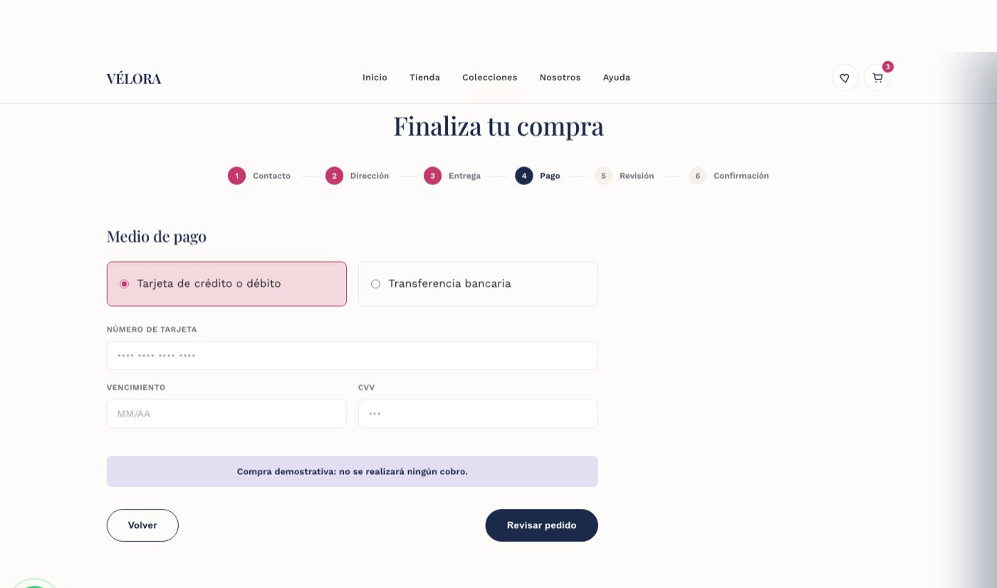 Paso Pago del checkout de Vélora