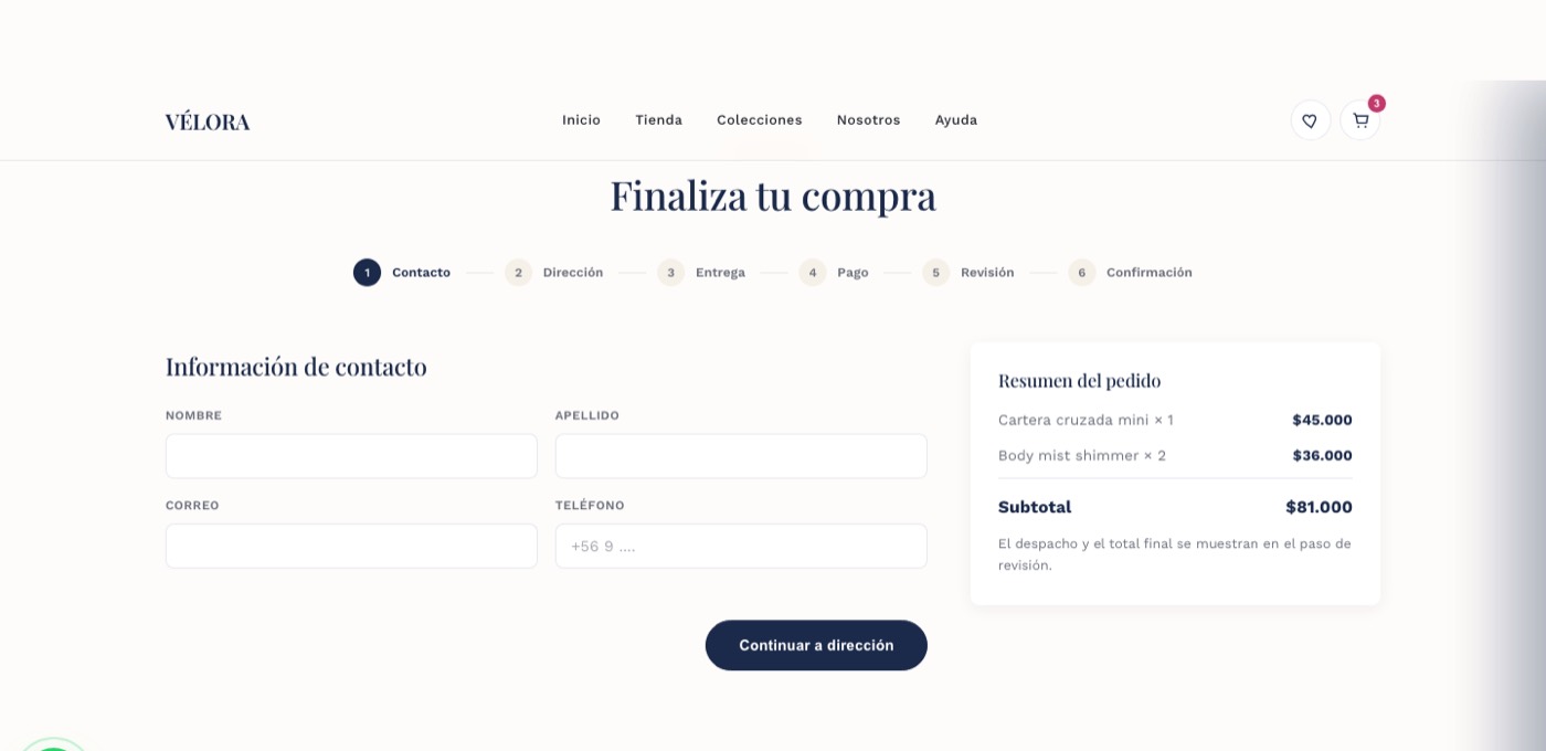 Checkout de Vélora